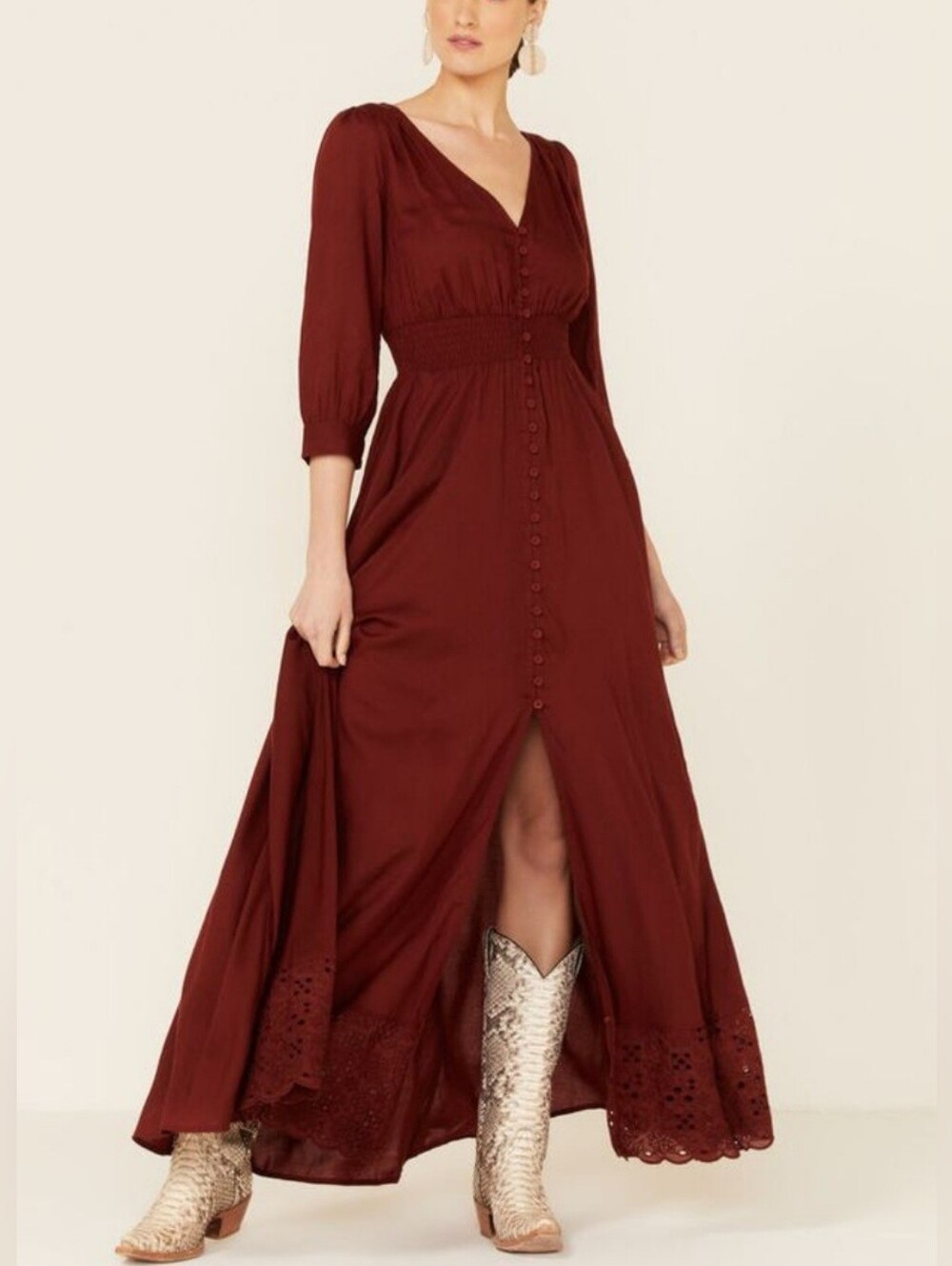 Shyanne Rust Colored V-Neck Maxi Dress with Button Front